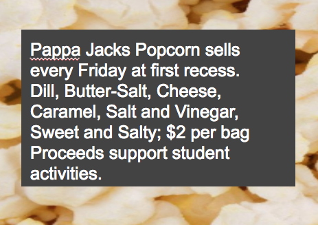 Picture of a text box describing the popcorn days with a popcorn background